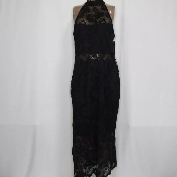 NEW BEBE Women's Midi Dress Black Marseille Lace Mock Neck Illusion Size L - Picture 4 of 10